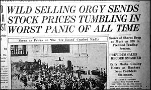 Newspaper with article headline "Wild selling orgy sends stock prices tumbling in worst panic of all time"