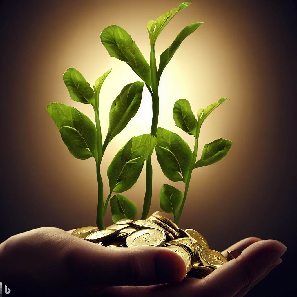 A hand holding a pile of coins with a plant growing out of it.