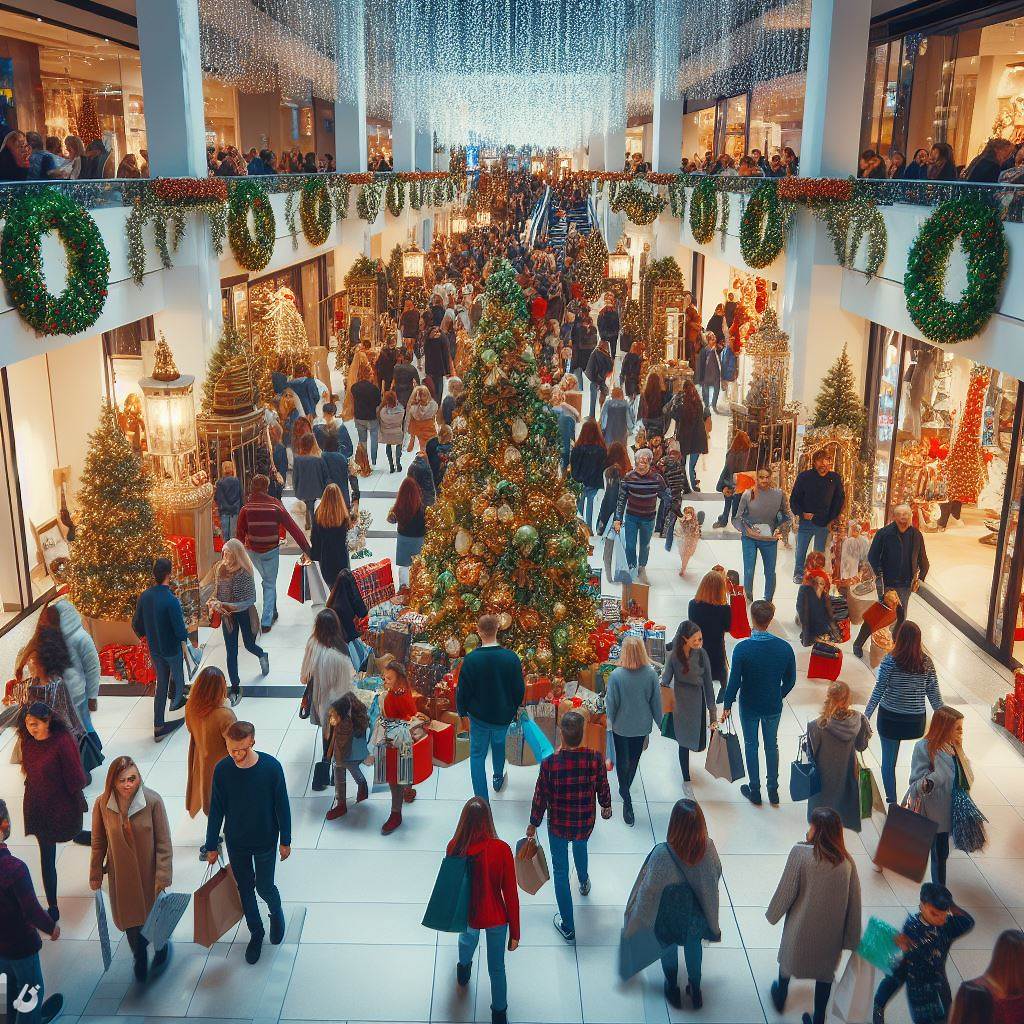Shopping mall centre full of people christmas shopping sales