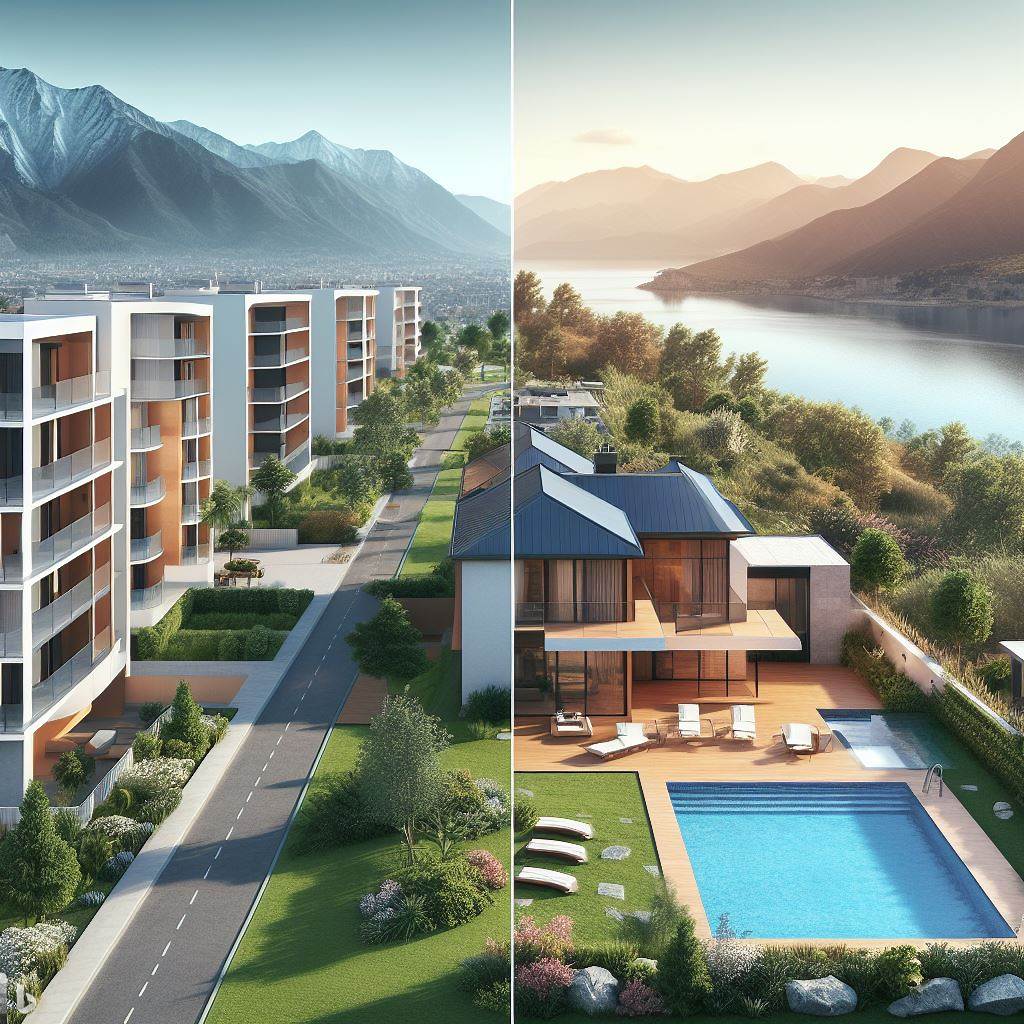 House next to river and mountains compared to street of apartments next to mountains